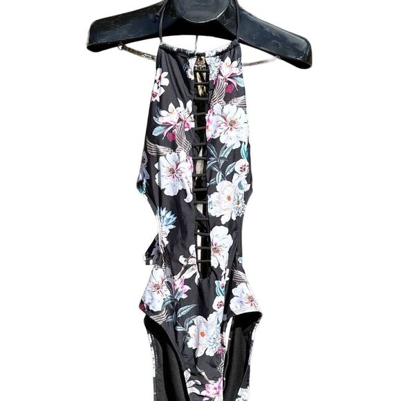 Rachael Roy Cut Out Black Floral print swimsuit one piece bathing suit - Picture 1 of 7